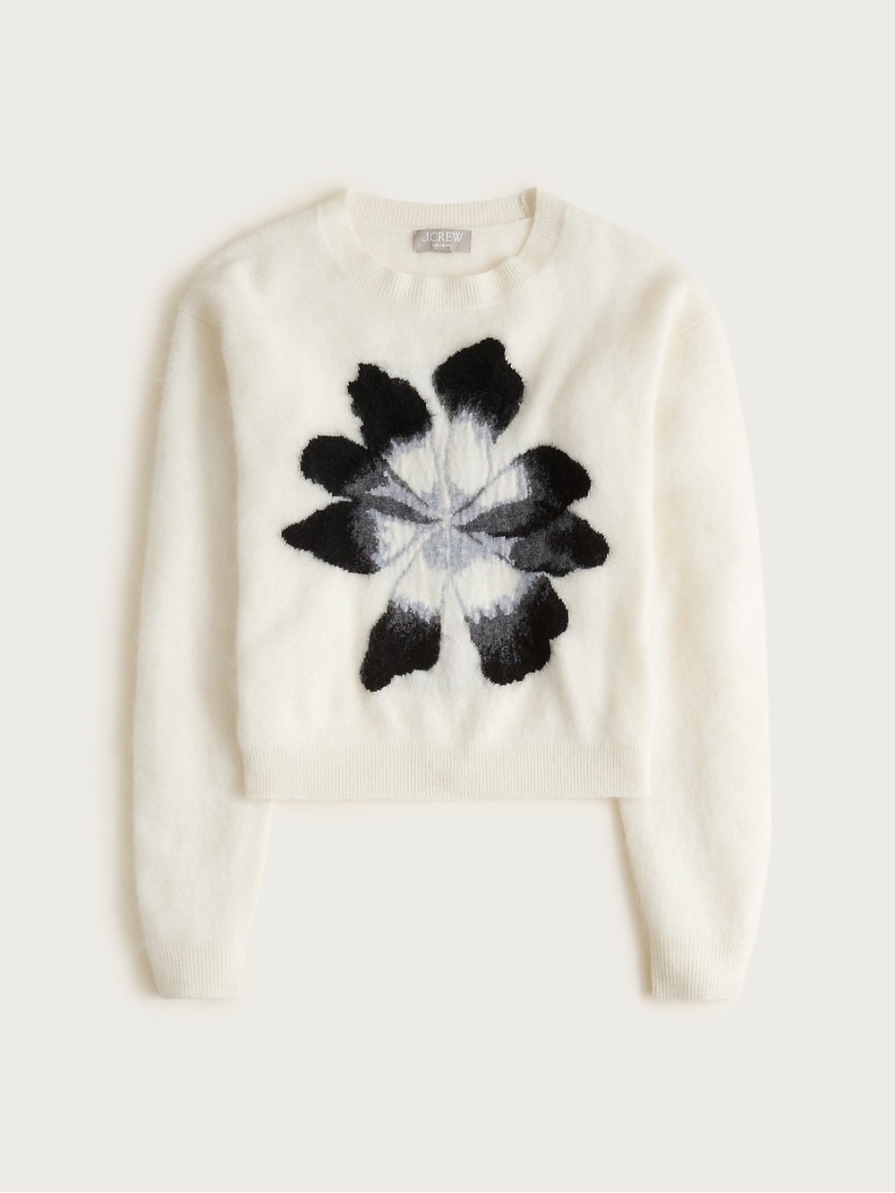 J. Crew cashmere Cream Crewneck Sweater with Black Floral Motif